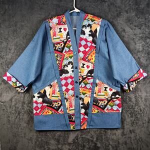 Veterinarian Tech Scrub Jacket Women Medium Blue Denim Button Front Cat Print